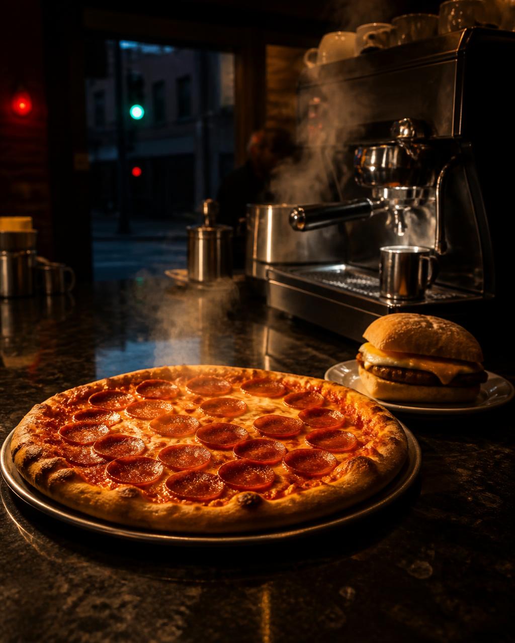 Hot pepperoni pizza and a breakfast sandwich on the Forkless counter